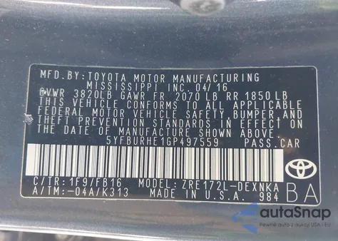 2016 Toyota Corolla Le z USA, uszkodzony, nr VIN 5YFBURHE1GP497559